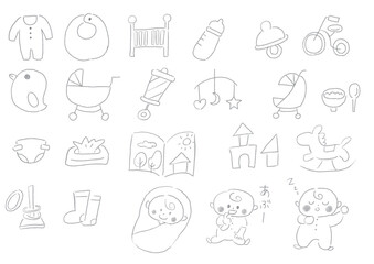 ベビー用品と赤ちゃんのイラスト素材集_モノクロの線画