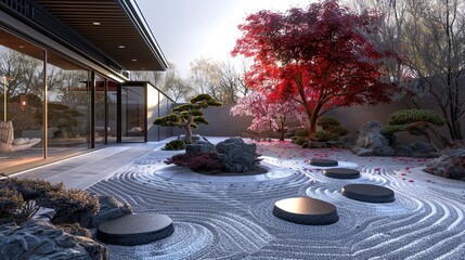 A tranquil Zen garden in 'Luminarion Flux', where light and color flow like liquid dreams, in blossom red and meditation grey