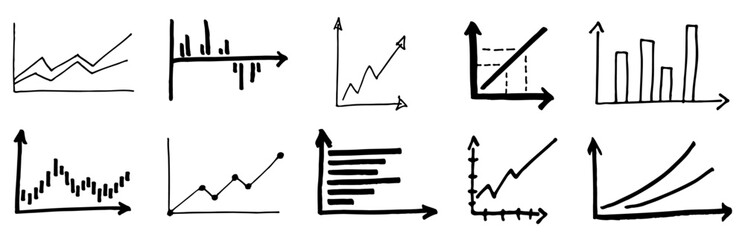 Collection Set of hand-drawn business graphs or statistic charts, data analysis infographics vectors, measuring performance, value and growth symbols, poster design elements