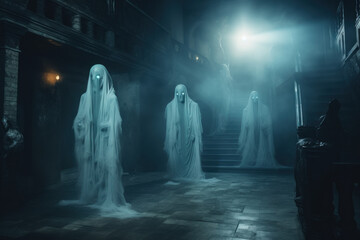 Ghostly figures in white sheets haunting an old, eerie corridor with a dim light.