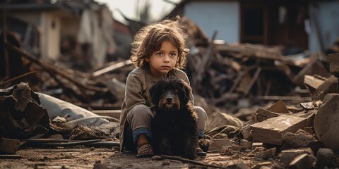 Sad little child and his dog in a destroyed city. Natural disasters