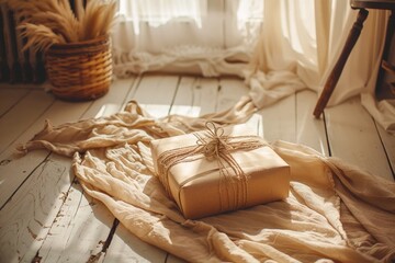 A photo of a beautifully wrapped present on a whitewashed wooden floor next to a window.
