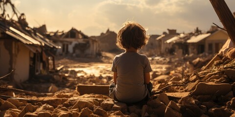 Rear view of a child in dirty clothes. A city destroyed after a war or earthquake. Generative AI