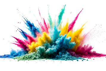 Illustration of multi color powder explosion isolated on white background, rainbow color dust splash cloud. Launched colorful particles. Create backdrop concept. Gen ai illustrate. Copy ad text space - Powered by Adobe