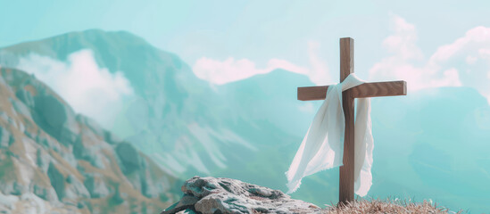 Picturesque landscape of an old wooden cross with a scarf of white fabric against a backdrop of mountains and blue sky. Faith, Orthodoxy, symbol of hope.