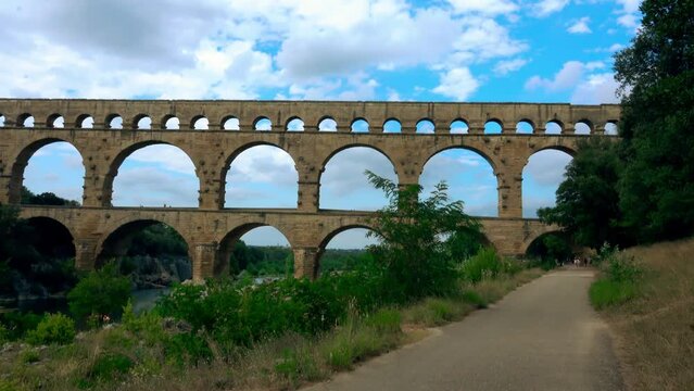 Famous Pont du Gard Roman aqueduct over the River Gardon, France