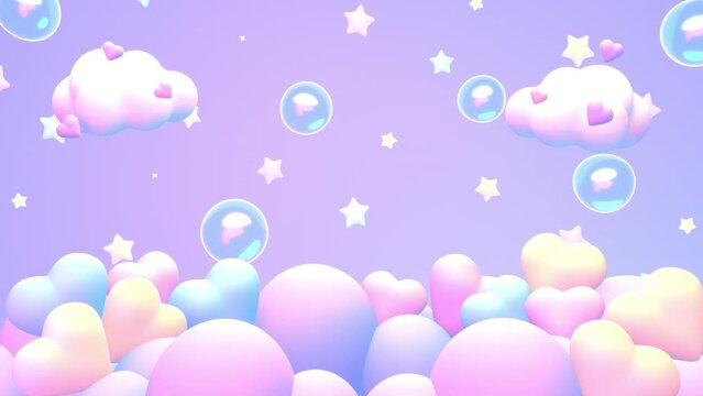 Looped cartoon hearts on the clouds with flying stars and bubbles in the purple sky animation.