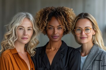 A group of three professional women in a business setting, demonstrating strong female leadership and confidence - obrazy, fototapety, plakaty