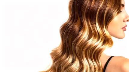 Obraz premium Stunning Side Profile of a Woman with Flowing Wavy Hair, Beauty Concept, Haircare Advertisement Style Image, Elegance and Sophistication Portrayed. AI