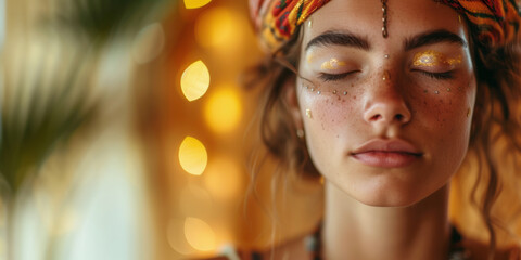 Close up portrait of young woman sits with her eyes closed relaxingly praying, meditating in the room,  mental health and relaxation concept - 796579930