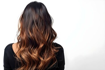 Naklejka premium Portrait of a woman showcasing balayage highlights on a white background. Concept Fashion, Hairstyle, Beauty, Balayage Highlights, White Background