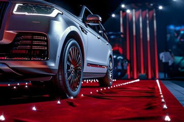 Luxury SUV on red carpet at movie premiere in 3D render. Concept Luxury SUV, Red Carpet, Movie Premiere, 3D Render