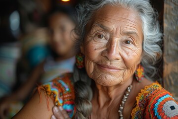 A detailed close-up of a senior woman's face, highlighting her graceful aging and cultural earrings