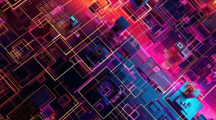 A colorful, abstract image of a cityscape with many squares and lines