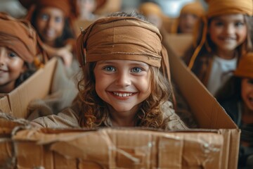 Excited child dressed as a pirate with a joyful expression in a makeshift cardboard ship, sparking...