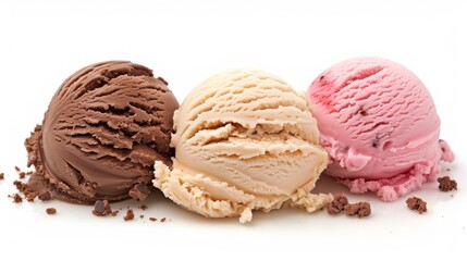 Three scoops of ice cream in chocolate, vanilla, and strawberry flavors on a white background