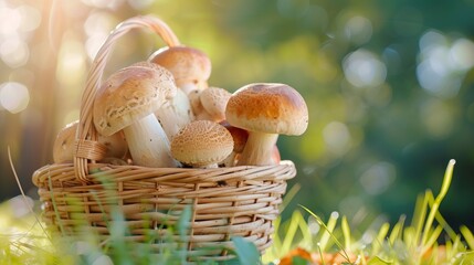 A basket full of mushrooms in the sun's rays in an autumn light forest, the concept of autumn, autumn hobbies, mushroom picking with copyspace for text - 796581147