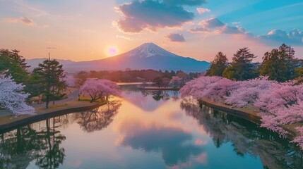 A beautiful river with cherry blossoms and a mountain in the background