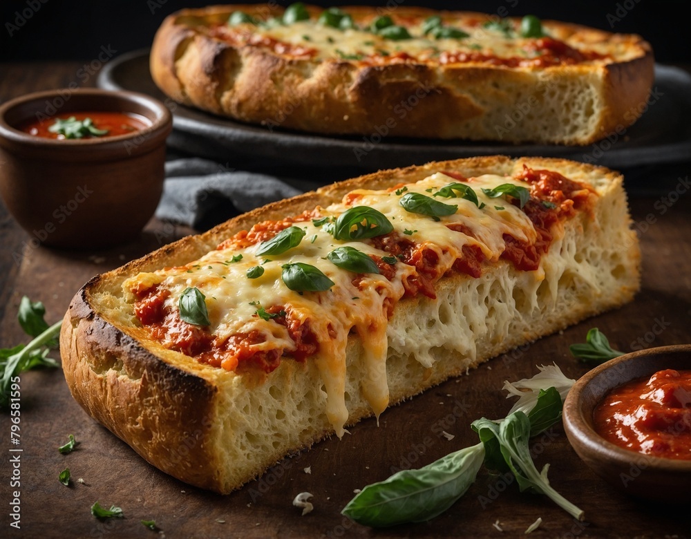 Wall mural A slice of cheesy garlic bread served warm from the oven with marinara sauce for dipping.
