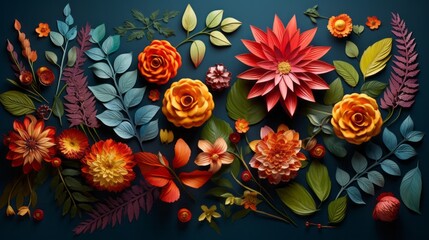 Set of botanical elements flowers, twigs, petals, leaves, flat lay, top view