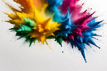Abstract background of colorful rainbow holi paint color, powder explosion, white backdrop. Creativity poster wallpaper. Conceptual design backgrounds concept. Gen ai illustration. Copy ad text space