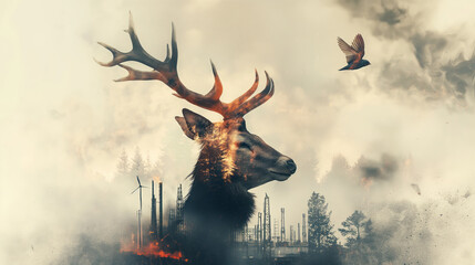 Double exposure deer with large antlers made of fire standing in front of an oil plant and trees burning around it. The concept of environmental protection from industrial factories and forest burning