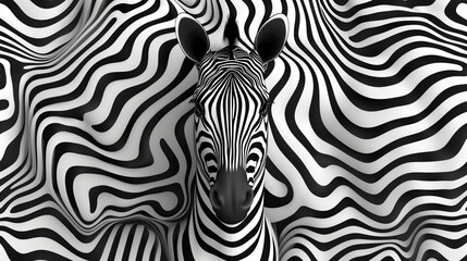 Fototapeta premium Black and white image of a zebra head blending into a matching striped background.