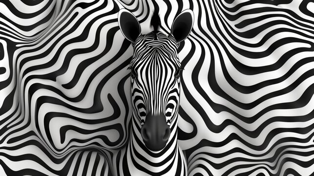 Black and white image of a zebra head blending into a matching striped background.