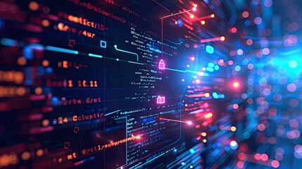 A computer screen with a lot of code and a red and blue background