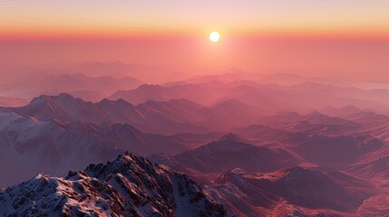 Fototapeta premium A mountain range with a pink sun in the sky