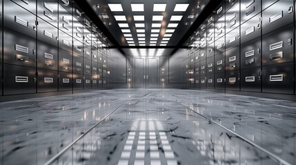 Futuristic metallic corridor lined with filing cabinets under bright overhead lights reflecting on glossy floor.