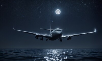 passenger plane flying low over a body of water, with the full moon shining brightly in the sky.