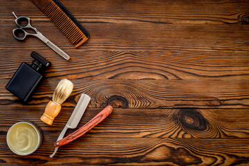 Set of shaving tools and cosmetic products in barbershop