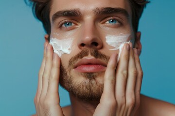 Close up young handsome man applying white skin care cream to his face, concept of male grooming failure and taking care of his skin - 796583503