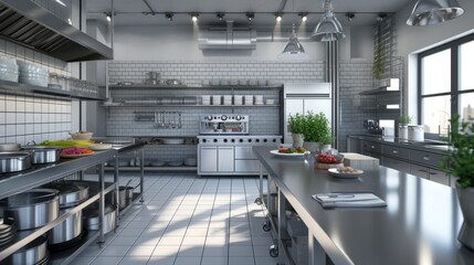 Interior of restaurant kitchen in metal materials, project for your business