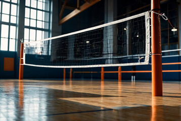 Sports Image of volleyball net in an old empty sports hall with referee tower. Background for team...