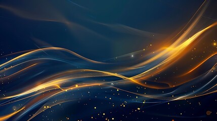Abstract golden and blue oblique line design with light on dark blue background