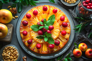 Vibrant pineapple upside-down cake with berries