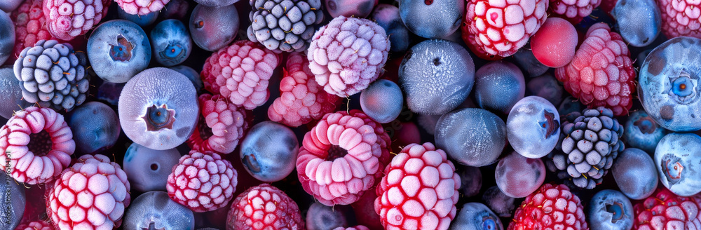 Wall mural Mix of frozen berries, blueberries and raspberries, closeup photo from above, natural organic vegan raw food ingredient.