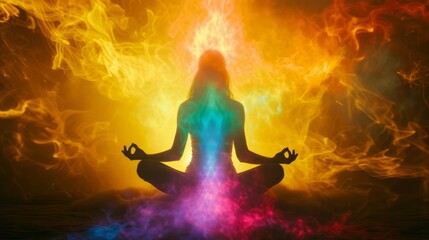 Silhouette of a person sitting in a lotus position in meditation with a bright multi-colored aura
- 796584595