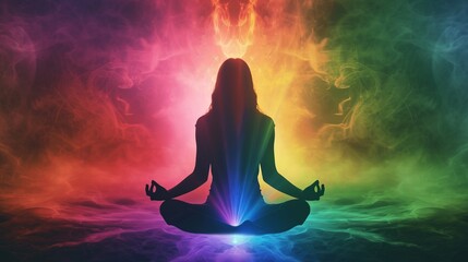 Silhouette of a person sitting in a lotus position in meditation with a bright multi-colored aura
- 796584757
