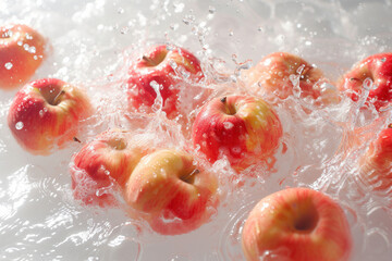 Fresh apples making a splash in water, showcasing the concept of freshness and purity