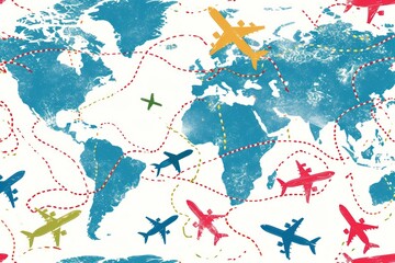 Watercolor drawn seamless airplanes routes over globe earth, concept of travel around the world
