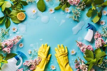 Housecleaning supplies for spring cleaning chores, hygiene products and tools for home maintenance