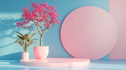 circle podium abstract scene blue wall pink floor tree pot