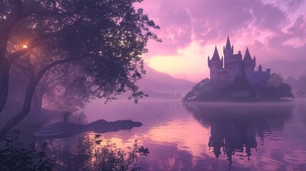 Obraz premium An Arthurian castle at dawn in 'Luminous Mythoscape', where legendary myths illuminate within a luminous landscape, in royal purple and dawn grey
