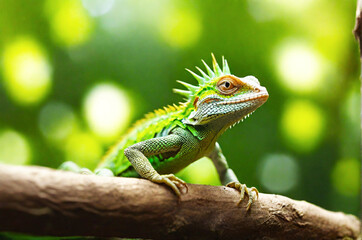 chameleon animal on a tree branch, green with sharp scales