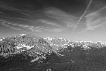 Rocky Mountains. American nature. Black and white retro filter photo.