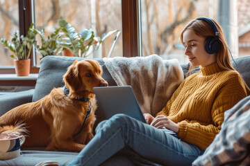 Young woman student freelancer wearing headphones sitting on the sofa with a dog holding a laptop in her hands, concept of leisure time, distance learning work online - 796587175