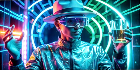 Naklejka premium A man stands from the future, computer technology, artificial intelligence, internet robots neon, clothes of the future, glasses of the future, portal, jump